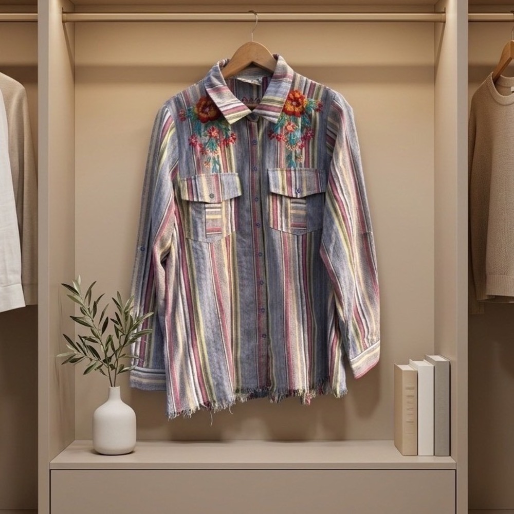 Savanna Jane Large Boho Western Striped Embroidered Cactus Floral Fringe Jacket